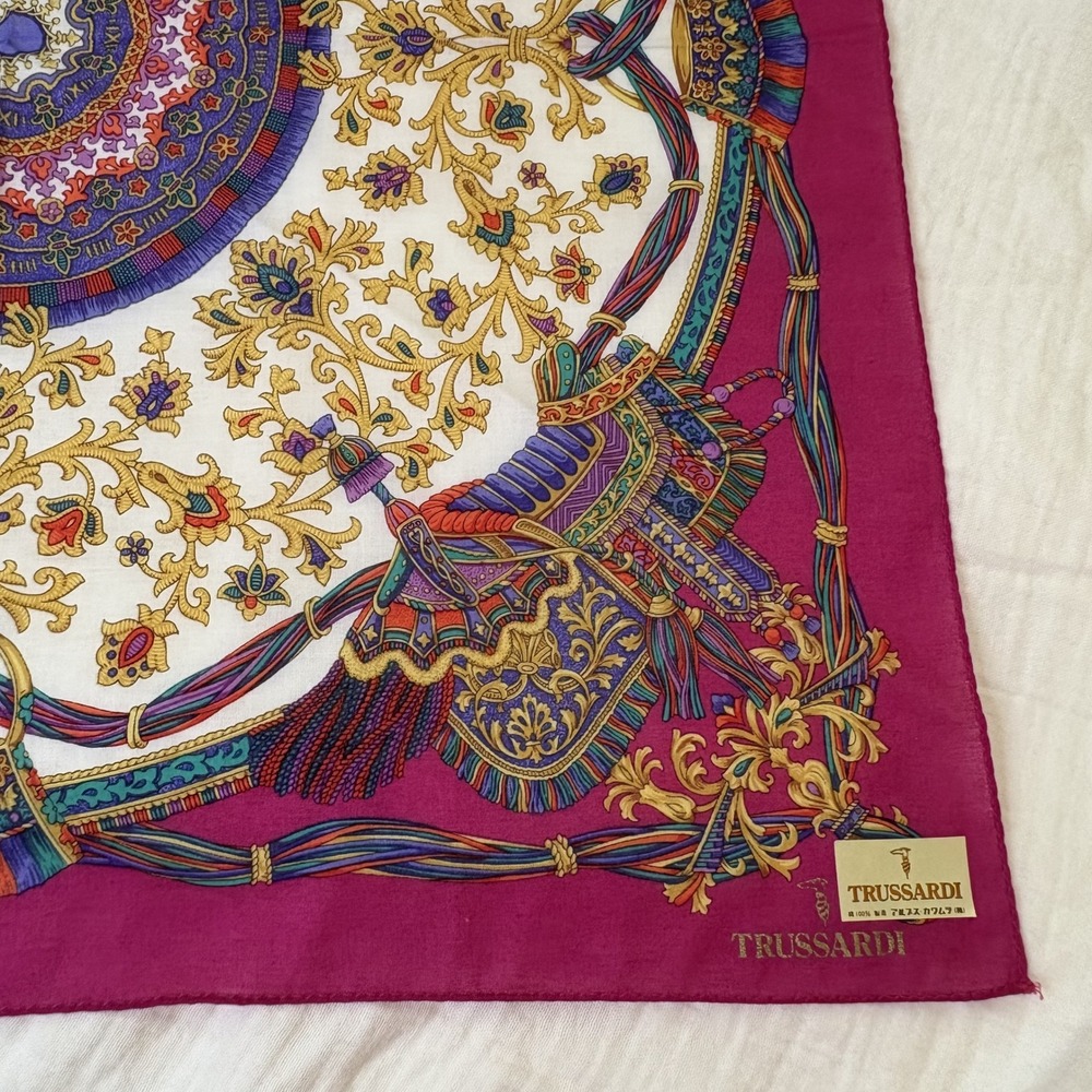 Trussardi Scarf Handkerchief Baroque Mandala Cotton Pink Gold Tassel 19.5"